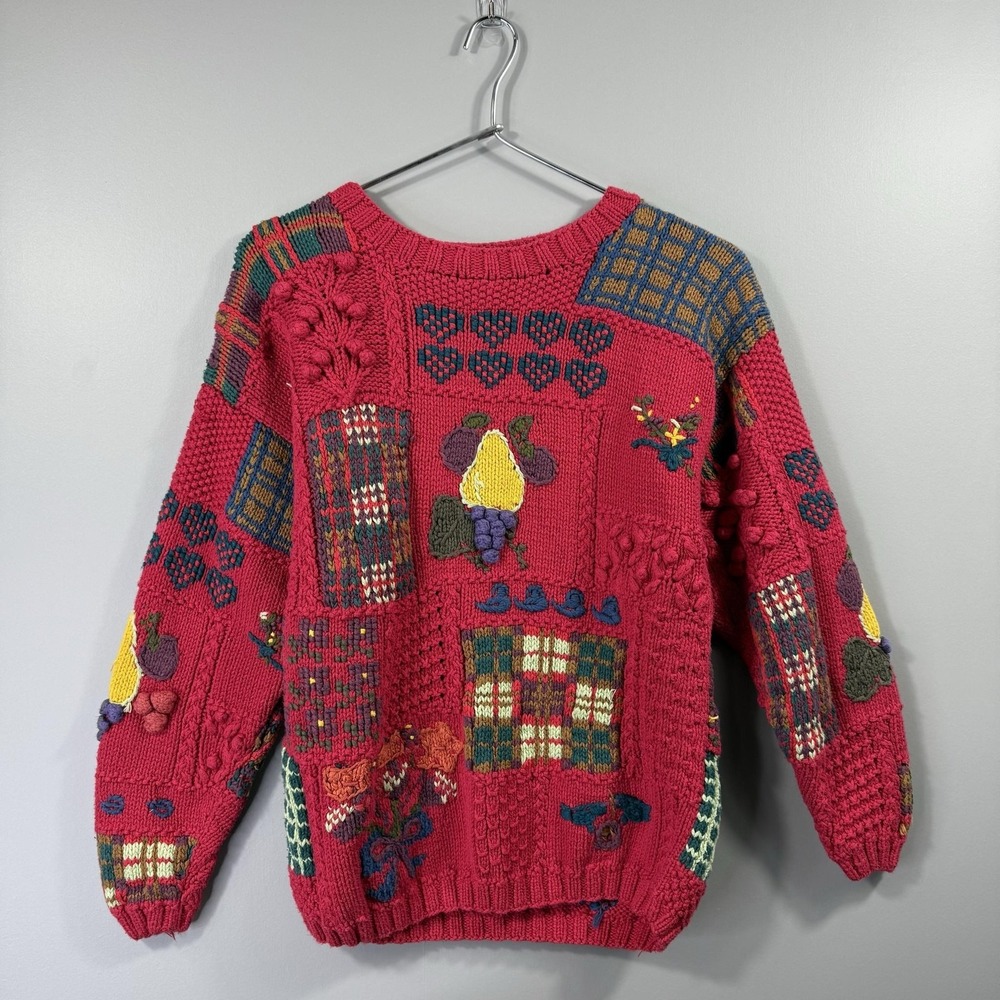 Gap Sweater Womens XL Red Patchwork Plaid Fruit Embroidered Holiday Chunky Knit